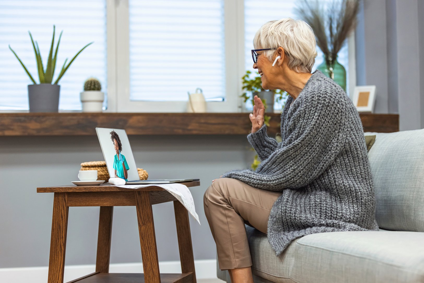 Senior woman on online therapy.